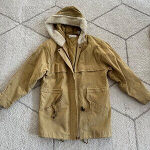 90s Tan Marsh Landing Suede Mid-Length Faux Fur Hooded Jacket  (LIST)